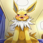 1:1 ambiguous_gender bed blinds eeveelution feral fur furniture generation_1_pokemon hi_res inside jolteon lakryu male navel nintendo pokemon pokemon_(species) purple_eyes sitting solo tongue tongue_out window yellow_body yellow_fur