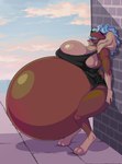 2020 allymoodyneko anthro belly big_belly big_breasts bird_dog blue_hair blush breasts breath brown_body brown_fur building canid canine canis clothing cloud cocker_spaniel domestic_dog female floppy_ears fluffy_ears fur hair huge_belly huge_breasts hunting_dog hyper hyper_belly hyper_breasts hyper_pregnancy leaning leaning_on_wall mammal panting pippi_piper pregnant pregnant_anthro pregnant_female purple_eyes sky solo spaniel street thick_thighs tired tongue tongue_out