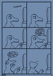 anthro black_and_blue comic continuity_(artist) crocodile crocodilian electronics english_text hi_res male monochrome reptile scalie solo television text