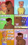 5:8 anthro bear blush brown_body brown_fur clothed clothing comic dialogue digital_media_(artwork) domestic_cat ear_piercing english_text facial_hair felid feline felis fur grey_body group hair heterochromia hi_res hybrid juno_(sleepywozzy) kiss_on_lips kissing klenn_(sleepywozzy) looking_at_viewer male male/male mammal matt_(sleepywozzy) mature_anthro mature_male muscular muscular_anthro muscular_male nipples open_mouth overweight overweight_male piercing simple_background sleepywozzy smile speech_bubble text tongue topwear trio