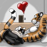 1:1 anthro bed bedroom belly_hug clothing door duo eyes_closed felid furniture hand_on_partner heart_symbol holding_belly hug human jeremiah_leckrone larger_anthro larger_male looking_down lying male male/male mammal nero_(shorty) on_top pantherine size_difference smaller_human smaller_male smile tail tiger