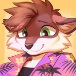 aloha_shirt ambiguous_gender anthro arctic_fox black_clothing black_topwear blush canid canine cheek_tuft clothed clothing cross_fox dipstick_ears doppelfoxx ear_markings facial_tuft fox green_eyes head_tuft hi_res looking_down mammal multicolored_ears open_clothing open_shirt open_topwear palm_tree_print pattern_clothing pattern_shirt pattern_topwear pink_clothing pink_shirt pink_topwear red_fox ruddi shirt simple_background smile snaggle_tooth solo submissive_expression topwear true_fox tuft yaxley_warrick_(doppelfoxx) yellow_background