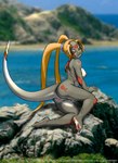 2000 amber_eyes anthro biped blonde_hair breasts butt copyright_symbol dr_comet facial_markings female fur genitals hair head_markings hi_res looking_at_viewer looking_back markings nipples outside photo_background photography_(artwork) pigtails pussy seaside side_boob sky solo symbol tail unknown_species