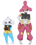 armwear big_breasts black_clothing black_eyes black_shirt black_topwear blue_body bottomwear breasts clothed clothing duo eyelashes female generation_3_pokemon grey_body hi_res humanoid lips medicham meditite nintendo not_furry overalls pants pink_bottomwear pink_clothing pink_pants pokeball pokemon pokemon_(species) red_lips shirt shorts simple_background smile topwear urusee584 white_background yellow_bottomwear yellow_clothing yellow_shorts