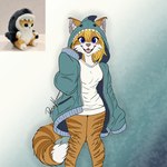 1:1 anthro blue_eyes clothed clothing deerwalker domestic_cat felid feline felis female fish flat_colors fur hi_res hoodie looking_at_viewer mammal marine orange_body orange_fur oversized_clothing oversized_topwear pantsless pantsless_anthro pantsless_female shark simple_background smile solo stripes sweater tabby_cat topwear