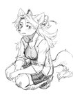 2018 accessory anthro aruurara bottomwear camisole canid canine clothed clothing crouching female footwear freesia_(aruurara) hair hair_accessory hair_ribbon hi_res kemono kneeling legwear long_hair long_sleeve_shirt looking_at_viewer mammal monochrome open_clothing open_shirt open_topwear pleated_skirt ribbons shirt shoes simple_background sketch skirt solo stockings topwear white_background