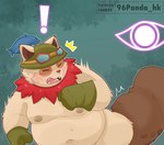 2024 96panda anthro belly big_belly blush clothing exclamation_point hat headgear headwear hi_res kemono league_of_legends male moobs navel nipples open_mouth overweight overweight_male riot_games solo surprised teemo_(lol) tencent yordle