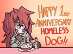 anthro cake candle canid canine canis clothing cutlery dessert domestic_dog english_text female fingerless_gloves food fork gloves handwear hi_res homeless_dog kitchen_utensils mammal ponporio simple_background solo text tools