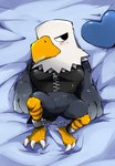 accipitrid accipitriform animal_crossing anthro apollo_(animal_crossing) avian avian_feet bald_eagle beak bed bird blush bottomless claws clothed clothing cuff_(restraint) eagle embarrassed feet furniture handcuffs male metal_cuffs muscular muscular_anthro muscular_male nintendo pec pillow restraints sea_eagle shirt short_stack sleeveless solo talons toes topwear ueno_ebi_sen zipper