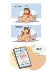 anthro beard bottomless brown_hair cellphone clothed clothing comic dialogue electronics english_text facial_hair felid hair hi_res holding_cellphone holding_object holding_phone holding_smartphone lion male mammal pantherine phone pillow shirt smartphone solo speech_bubble takataka text topwear