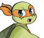 2017 anthro bandanna blue_eyes bust_portrait clothing freckles inkyfrog kerchief looking_at_viewer male mask michelangelo_(tmnt) noseless open_mouth portrait reptile scalie shell simple_background solo teenage_mutant_ninja_turtles turtle white_background