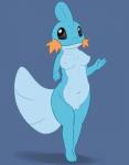 amphibian anthro anthrofied biped black_eyes black_sclera blue_background blue_body blue_skin breasts female full-length_portrait generation_3_pokemon genitals heart_symbol hi_res mudkip navel nintendo nipples non-mammal_breasts non-mammal_nipples nude pokemon pokemon_(species) pokemorph portrait posexe pussy simple_background smile solo standing