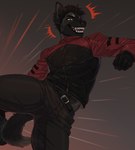 action_pose anthro ar belt belt_buckle black_bottomwear black_clothing black_jacket black_pants black_topwear bottomwear buckle canid canine canis clothing dark_body dark_fur domestic_dog fangs fluffy fluffy_tail fur herding_dog hi_res jacket kasusei male malinois_dog mammal motion_lines multicolored_body multicolored_fur pants pastoral_dog pose red_clothing red_jacket red_topwear sheepdog smile solo tail teeth topwear