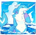 2023 anthro athletic athletic_anthro athletic_male blep blue_body blue_fur blue_theme bunonthemoon eyes_closed fish fur furred_shark male marine mastectomy_scar nude_anthro nude_male partially_submerged scar sea shark solo standing_in_water tongue tongue_out visibly_trans water white_body white_fur