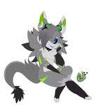 1:1 accessory anthro athena_the_novabeast black_markings black_sclera cheek_tuft chest_tuft collar eyeliner eyewear facial_tuft femboy full-length_portrait fur goggles green_markings grey_body grey_fur hair hair_over_eye hi_res inner_ear_fluff lipstick long_tail looking_at_viewer makeup male markings multicolored_body multicolored_fur novabeast portrait protective_eyewear sitting solo tail temporarywizard tuft