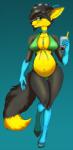 2017 after_transformation anthro belly beverage big_belly big_breasts bikini black_body black_fur black_hair blue_background blue_body blue_fur blush bra breasts canid canine canis clothing container cup drinking_straw female fur gender_transformation green_eyes hair looking_at_viewer luc mammal mtf_transformation navel pregnant pregnant_anthro pregnant_female pregoo rapid_pregnancy simple_background smile solo swimwear tail transformation two-piece_swimsuit underwear wide_hips wolf yellow_body yellow_fur