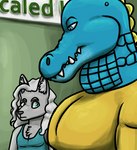 2023 alligatorid anthro azrael_(tertia) azurlligator black_nose blue_body blue_clothing blue_eyes blue_scales blue_shirt blue_tank_top blue_topwear blush bulging_neck canid canine canis chest_tuft clothing crocodilian digital_drawing_(artwork) digital_media_(artwork) duo eyebrows fangs fur girl_staring_at_man's_chest green_wall grey_body grey_fur grey_hair hair hair_over_shoulder half-closed_eyes hi_res inner_ear_fluff interspecies large_pecs larger_male looking_at_another looking_at_partner looking_down male male/male mammal multicolored_body multicolored_scales muscular muscular_anthro muscular_male narrowed_eyes nathile_tiduna orange_clothing orange_shirt orange_topwear pecs pupils reptile scales scalie scutes shirt sign size_difference skywater slit_pupils smaller_male snout tank_top teeth topwear tuft wall_(structure) wavy_hair wolf yellow_scutes