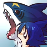 1:1 alternate_species ambiguous_gender blue_hair cosplay duo feral generation_3_pokemon hair hitec human humanized mammal nintendo open_mouth pokemon pokemon_(species) pokemon_trainer red_eyes sharpedo teeth