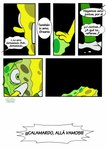 anthro bodily_fluids crying dialogue dual_persona duo fan_character greenie_(pancaketiffy) hi_res hug male marine nickelodeon on_model pancaketiffy sea_sponge spanish_text speech_bubble spongebob_squarepants spongebob_squarepants_(character) tears text toony translation_check translation_request yelling