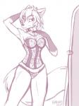 2017 3:4 anthro black_nose breasts canid canine canis choker clothed clothing clovis_(twokinds) corset crossgender digital_media_(artwork) female fox gloves_(marking) hair hand_behind_head heresy_(artist) hi_res hybrid jewelry keidran lace lingerie looking_at_mirror looking_at_object mammal markings mirror monochrome mtf_crossgender necklace panties pose simple_background sketch skimpy solo topwear twokinds underwear white_background wolf