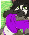 2014 anthro badger black_hair black_nose bottomwear clothed clothing digital_media_(artwork) female green_eyes hair high-angle_view hyena lexipupcakes_(artist) mammal meer mustelid musteline panties pattern_bottomwear pattern_clothing purple_bottomwear purple_clothing purple_topwear raised_clothing raised_shirt raised_topwear selfie shirt short_hair solo spots spotted_hyena striped_bottomwear striped_clothing stripes topwear underwear white_bottomwear white_clothing