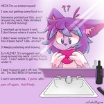 1:1 absurd_res anthro bathroom blue_hair claws comic dialogue dialogue_intrusion english_text felid feline forced_arousal fur hair heart_eyes heart_symbol hi_res inner_ear_fluff kaitty kaittycat male mammal mind_alteration mind_control open_mouth parasite pink_background purple_body purple_eyes purple_fur purple_hair scarf simple_background sink solo tentacles text tuft