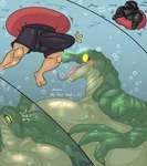 2023 alligator alligatorid anna_(vf-01s) anthro armor balls big_balls big_breasts big_penis blush bodily_fluids breasts bulge clothed clothing comic crocodilian detailed_bulge dialogue duo english_text erection female genital_outline genitals green_body headgear helmet hi_res huge_balls huge_breasts huge_penis human knight larger_female looking_at_bulge looking_at_genitalia male mammal nude open_mouth oscar_(vf-01s) partially_submerged penis penis_outline reptile scalie size_difference surprise surprised_expression swimming teeth text tongue tube underwater vf-01s warrior water