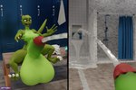 3:2 3d_(artwork) anthro balls big_balls big_penis blender_(artwork) blender_cycles bodily_fluids bottle breasts container cugaculoproductions cum cum_in_sink cum_launch cum_on_mirror cum_pool cum_pooling cumshot digital_media_(artwork) ejaculation erection genital_fluids genitals green_body green_penis green_skin gynomorph hi_res huge_balls huge_penis humanoid_genitalia humanoid_penis hyper hyper_balls hyper_genitalia hyper_penis intersex kobold locker locker_bench locker_room nipples nude open_mouth orgasm penis shower_curtain shower_head shower_hose shower_stall solo surprised_expression tongue