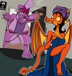 absurd_res angry anthro big_breasts black_hair breasts claws cracked_wall door doorway dragon duo embarrassed european_mythology feet female hair hi_res himitsu horn huge_breasts mythological_creature mythological_scalie mythology nipples non-mammal_breasts orange_body orange_scales purple_body purple_hair purple_scales scales scalie spread_wings tail towel towel_on_head western_dragon wings