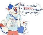 2024 5_fingers anthro bag begging begging_pose blue_body blue_fur canid canine claws clothing ctahrpoe digital_media_(artwork) fingers floppy_ears fluffy fur hi_res male mammal meme pose red_body red_fur smile solo tail tail_motion tailwag teeth_showing tesco text tongue tongue_out white_body white_fur