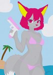 anthro bikini bikini_bottom bikini_top breasts canid canine cel_shading clothing eyelashes female fox fur grey_body grey_fur gun gure_(thekitsuyt) hair handgun hi_res looking_at_viewer mammal navel pink_bikini pink_bikini_bottom pink_bikini_top pink_clothing pink_eyes pink_hair pink_nose pink_swimwear pistol purple_eyelashes ranged_weapon shaded side_boob signature smile solo swimwear thekitsuyt toy toy_gun two-piece_swimsuit under_boob water water_gun weapon yellow_ear_fluff