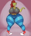 4_fingers absurd_res big_breasts blue_eyes breasts camel_toe clothing ear_piercing female fingers footwear goblin green_body hair hi_res huge_breasts humanoid jovi_cap navel piercing red_hair shoes solo thick_thighs