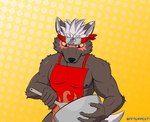 accessory anthro apron apron_only biceps bowl canid clothing container cooking dipstick_ears dipstick_tail ear_markings fftempest fur grey_body grey_fur hair headband lifewonders male mammal markings multicolored_ears muscular muscular_male nipples pecs red_eyes red_headband solo tadatomo_(tas) tail tail_markings tokyo_afterschool_summoners white_hair yellow_sclera