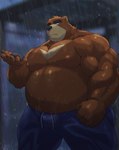 2024 absurd_res anthro bear belly big_belly black_nose bottomwear brown_body clothing english_text hi_res juuichi_mikazuki kemono male mammal moobs morenatsu musclegut muscular negitsururu nipples outside overweight overweight_male pants raining solo text