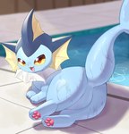 absurd_res ambiguous_gender blue_body claws detailed_background eeveelution esteen featureless_crotch feet feral generation_1_pokemon hi_res looking_at_viewer lying_on_the_floor nintendo open_mouth open_smile pawpads paws pokemon pokemon_(species) raised_tail rear_view smile solo swimming_pool tail toe_claws toes vaporeon water water_drop wet wet_body yellow_eyes