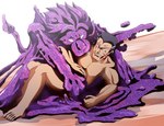 2018 anthro biceps character_request covering covering_crotch duo felid glistening glistening_body goo_creature human imminent_transformation lion lying male male/male mammal muscular muscular_male nude on_back pantherine pecs purple_body scar simple_background uwaxaa white_background white_eyes