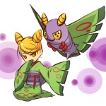 1:1 arthropod blonde_hair clothing cosplay dress duo dustox female feral generation_3_pokemon hair hitec human insect lepidopteran mammal nintendo pokemon pokemon_(species) pokemon_trainer simple_background white_background yellow_eyes