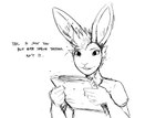 2023 anthro black_and_white buckteeth dialogue ear_piercing english_text eyebrow_piercing facial_piercing female hi_res hladilnik janice_(hladilnik) lagomorph leporid mammal monochrome piercing rabbit sketch solo teeth text