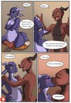 anthro avi_(narusewolf) belly big_belly comic dialogue duo english_text fantasy female hi_res horn kiss_on_lips kissing kobold male male/female mammal narusewolf pregnant pregnant_anthro pregnant_female purple_body red_body reptile rona_(narusewolf) scalie servant size_difference speech_bubble tail text yelling yellow_eyes