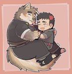 anthro blep blush brown_body brown_fur canes_(live_a_hero) canid canine canis chibi clothing cuddling domestic_dog duo eyebrows fur hair hand_holding hi_res hoodie human igarashi_ta jacket lifewonders live_a_hero male male/male mammal multicolored_hair scar smile sterio thick_eyebrows tongue tongue_out topwear