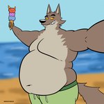 1:1 absurd_res anthro beach belly big_belly canid canine canis clothing dessert dreamworks fattytober food hi_res ice_cream male mammal mindof moobs mr._wolf_(the_bad_guys) obese outside overweight overweight_male seaside swimming_trunks swimwear the_bad_guys water weight_gain wolf