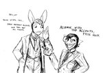 2024 american_opossum anthro black_and_white clothed clothing crossdressing dialogue english_text facial_hair female hand_in_pocket hi_res hladilnik janice_(hladilnik) lagomorph leporid mammal marsupial marylin_(hladilnik) monochrome mustache necktie pockets rabbit sketch slicked_back_hair suit text topwear vest