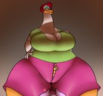 ambiguous_gender anatid anseriform anthro avian beak big_breasts bird bottomwear breasts clothing duck duo female female_focus hair hi_res huge_breasts huge_thighs jovi_cap jovi_cap_(oc) katie_(jovi_cap) lagomorph leporid mammal mature_female rabbit red_hair shirt shorts solo_focus thick_thighs topwear white_body zipper