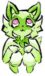 andetheslayer anthro begging crouching female generation_9_pokemon green_body looking_at_viewer looking_up nintendo no_pupils pastel_theme pokemon pokemon_(species) smile solo sprigatito