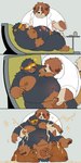 1:2 2024 absurd_res anthro balls belly big_belly black_body bodily_fluids brown_body canid canine canis clothing comic cum domestic_dog duo ejaculation genital_fluids genitals group hi_res humanoid_genitalia humanoid_penis kemono lactating male male/male male_lactation mammal moobs navel nipples nude overweight overweight_male penis quanjiang shirt superhero topwear visor