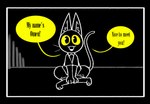 anthro black_body black_fur child clothed clothing comic comic_panel dialogue domestic_cat english_text felid feline felis fur looking_at_viewer male mammal nylonheretic omen_(nylonheretic) simple_background smile solo tail talking_to_another talking_to_viewer text whiskers yellow_eyes young young_anthro young_male