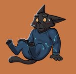 anthro black_body black_fur blush bodysuit bulge cartoon_network clothing digitigrade domestic_cat eyebrows felid feline felis fenecoou fur hi_res legs_up male mammal mao_mao:_heroes_of_pure_heart mature_male shin_mao sitting skinsuit solo thick_eyebrows tight_clothing yellow_eyes