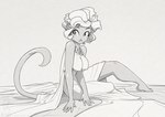 2023 anthro big_breasts breasts conditional_dnp felid feline female jewelry jollyjack looking_at_viewer mammal monochrome necklace nipple_outline slit_dress solo tail