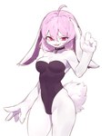 anthro bean_mel clothing female fur hair hi_res lagomorph leotard leporid looking_at_viewer mammal pink_eyes pink_hair rabbit solo white_body white_fur