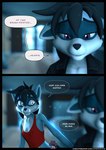 3d_(artwork) anthro black_hair blue_body blue_fur bottomwear clothing comic dialogue digital_media_(artwork) english_text female fur ghostly hair hi_res imagination jacket leather leather_clothing leather_jacket leather_topwear mammal markings midriff pants procyonid purple_eyes raccoon ryder_(striped_sins) sad shirt solo speech_bubble striped_markings striped_sins striped_tail stripes subconscious t-shirt tail tail_markings talking_to_self tank_top text topwear url willitfit